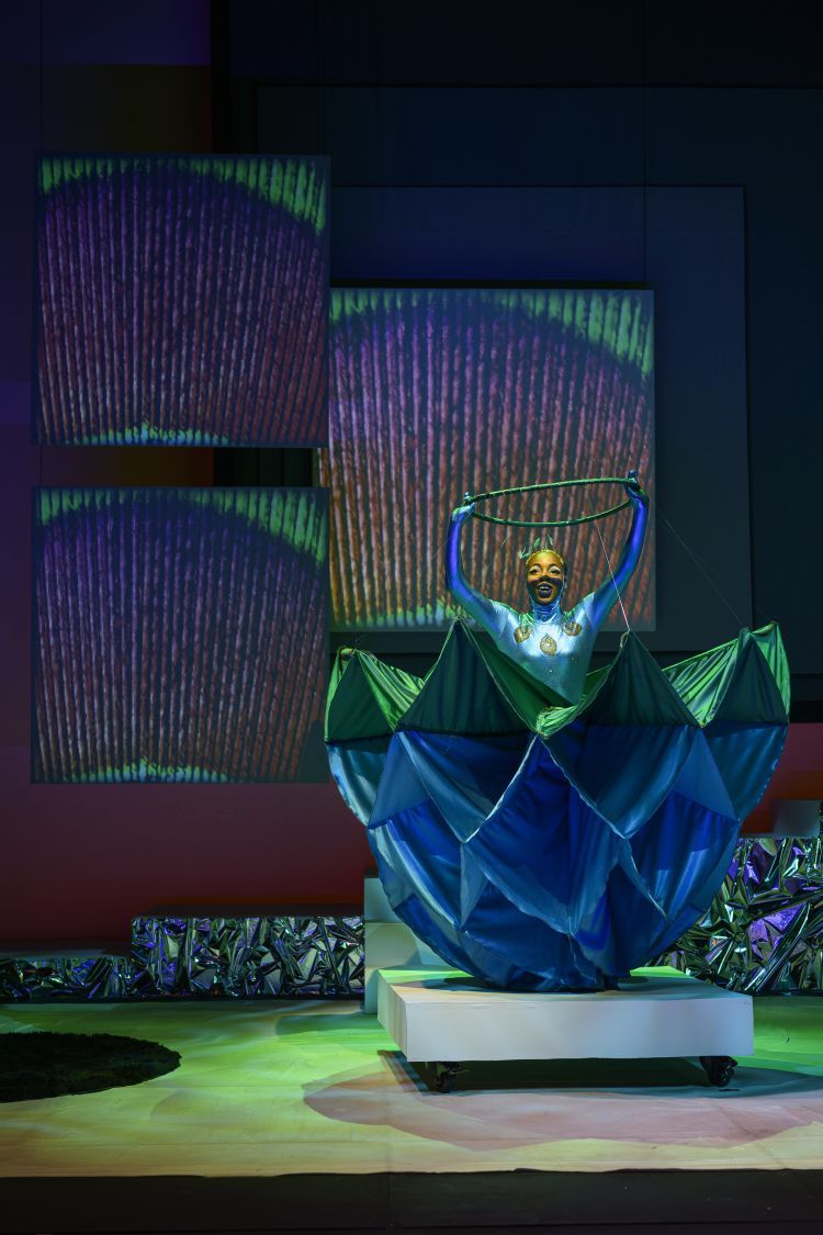Performer on stage wearing a costume with the skirt lifted up to show honeycomb layers of skirt underneath in shiny metallic fabric
